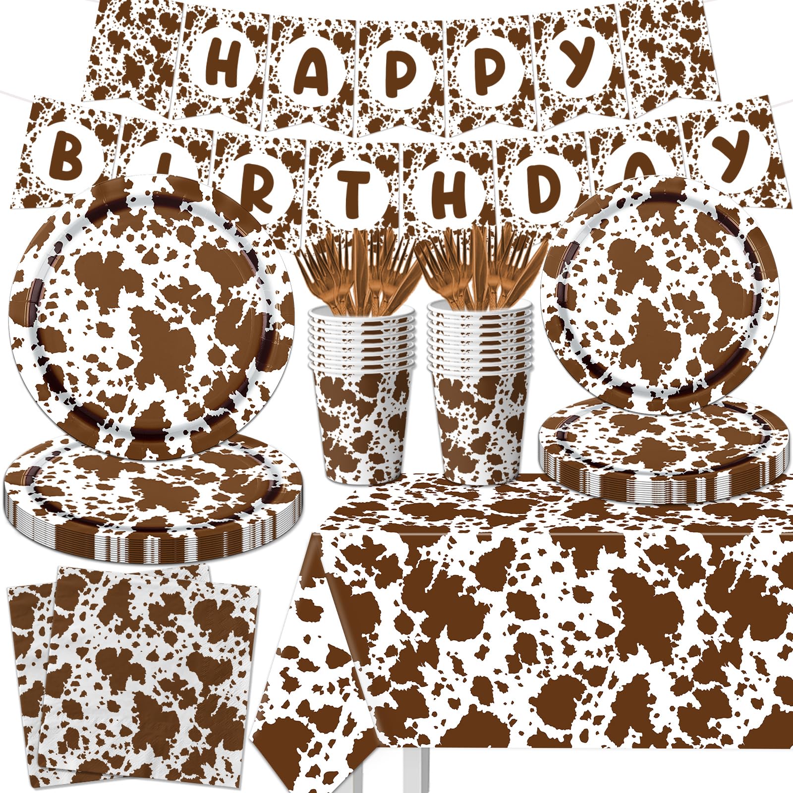 Highland Cow Decorations, 142Pcs Cow Print Plates And Napkins Party Supplies, Brown Cow Birthday Party Decorations Tableware Cup