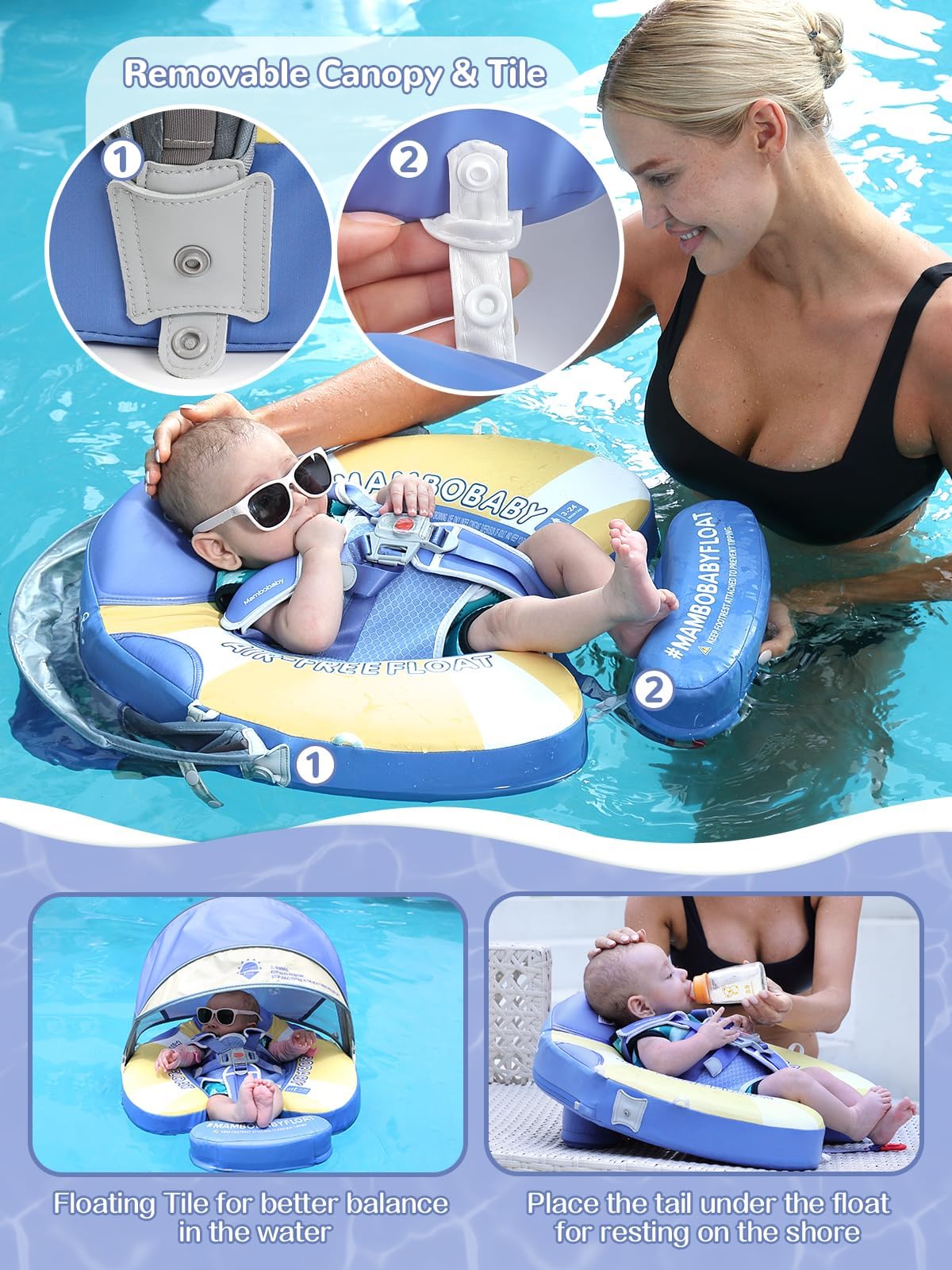 Mambobaby Baby Pool Float with Foldable Canopy  Kalolary Non-inflatable Baby Swim Float Infant Swim Trainer Ring Toddler Pool Float with Adjustable Strap for 3-24 Months Age Boys Girls (Purple Voyage)