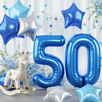 50Th Birthday Balloon For Men, 40 Inch Royal Dark Navy Blue Number 50 Foil Mylar Balloon, Silver Sky Light Blue Self Inflating S