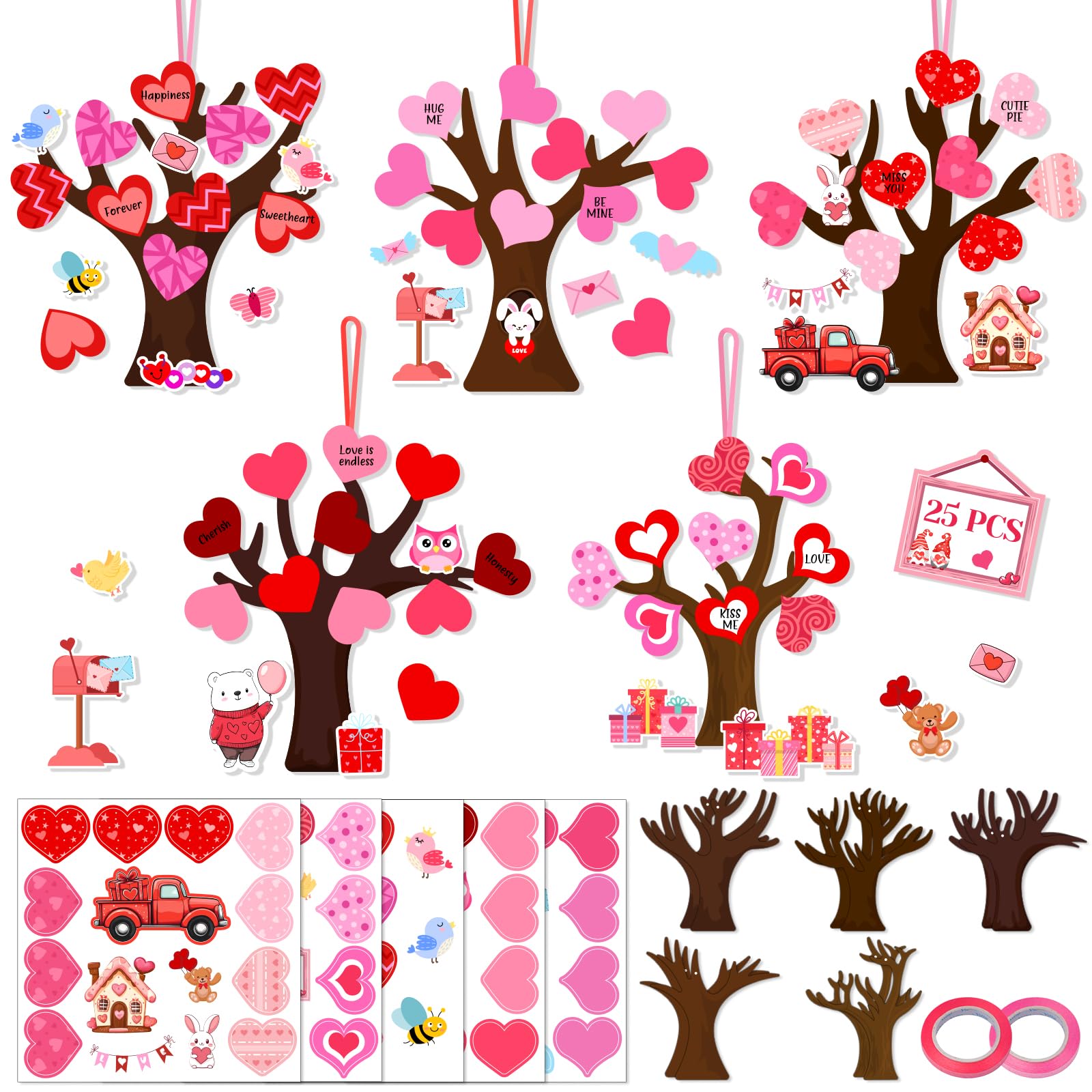 25 Pack Valentines Love Heart Tree Craft for Kids Make A Heart Tree Hanging Ornament Heart-Shaped Craft Kit for Project Classroo