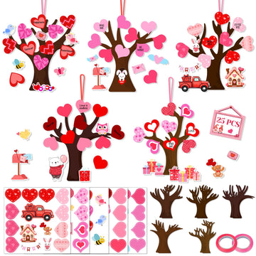 25 Pack Valentines Love Heart Tree Craft for Kids Make A Heart Tree Hanging Ornament Heart-Shaped Craft Kit for Project Classroo