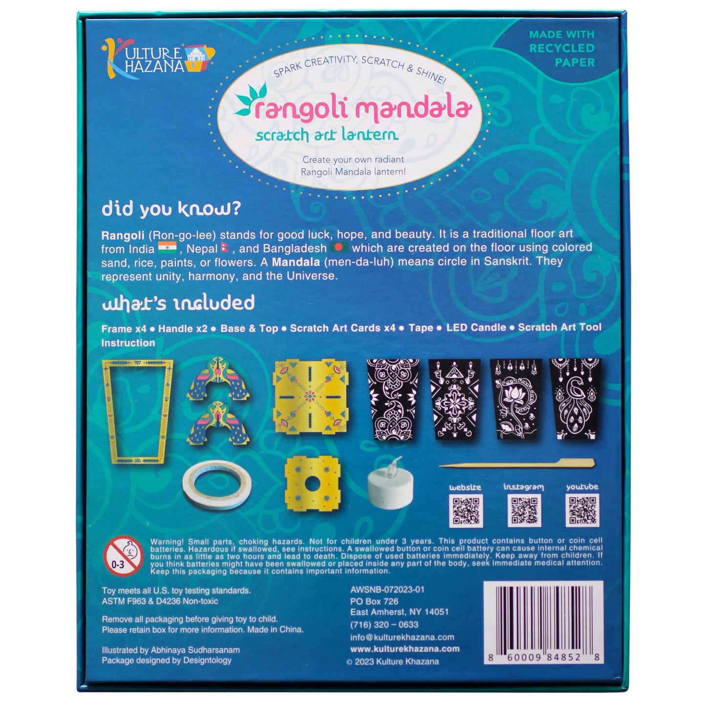 Kulture Khazana: Rangoli Mandala Scratch Art Lantern - DIY Craft Kit, LED Candle, 12 Tall, India & South Asian Culture Activity
