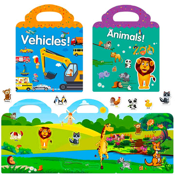 Ruson Reusable Sticker Book For Kids, 4 Sets Educational Learning Toys Travel Stickers Activity Books For Toddler Girls Boys Age 3+ Birthday Gifts - Vehicle, Space, Dinosaur & Animals