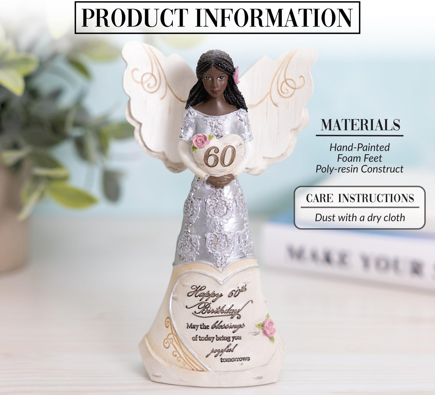 Pavilion Gift Company - Happy 60Th Birthday - 6' Ebony African American Angel Figurine Religious Best Friend Bestie Bff God Jesus Lover Christian Christ Gift Present