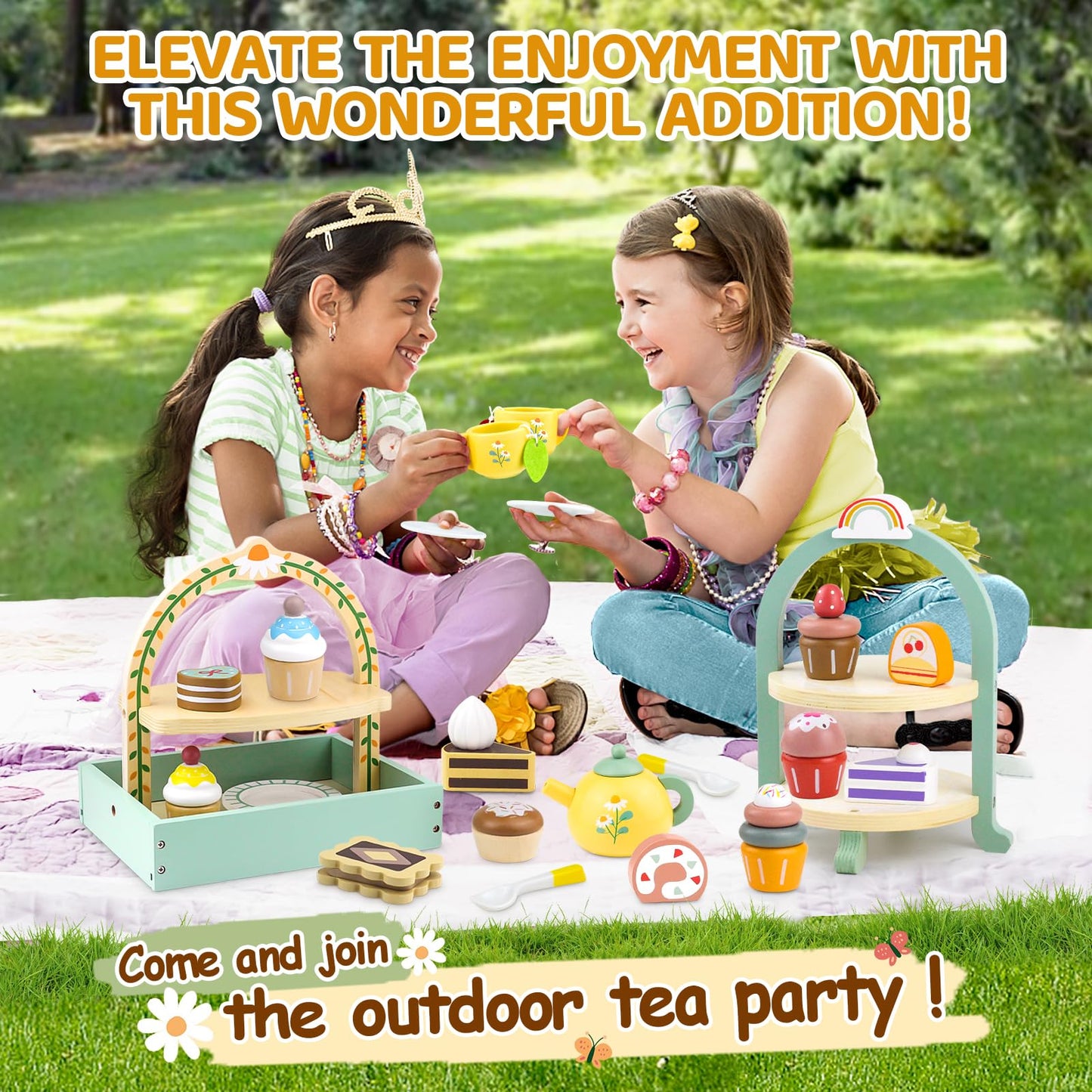 Wooden Tea Sets for Little Girls 1-3 Play Food Cake Toys Toddlers 3-5 Kitchen Accessories Pretend Play Princess Playset for 2 3