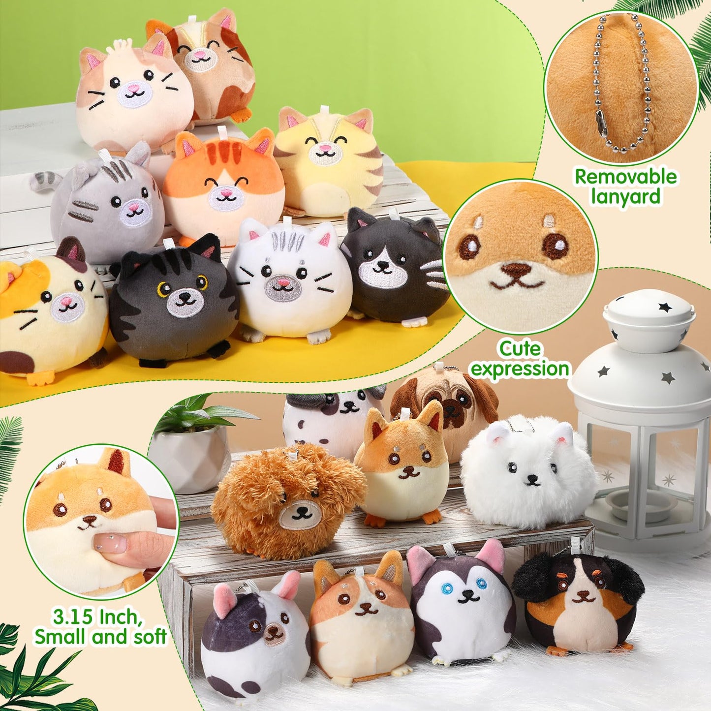 Halloscume 18 Pcs Mini Plush Cat Puppy Stuffed Animals Bulk 3.15 Inch Small Kitten Dog Animal Toys Keychains Set For Birthday Ea