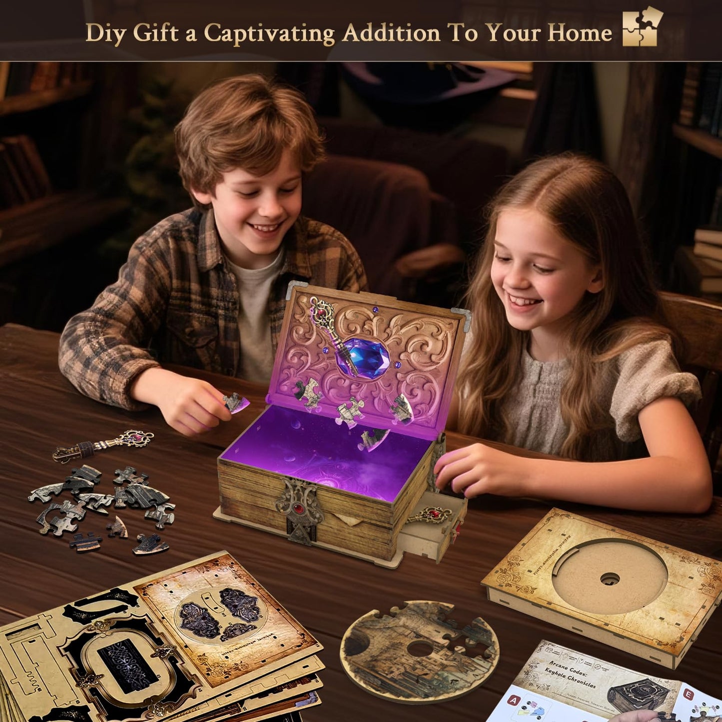 Dibetoy 3D Wooden Puzzles for mature-themeds DIY Book Nook Kit Mechanical Treasure Puzzle Trading Card Storage Box with Lock 3 in 1 DIY Building Mechanical Model Kit for Hobby Enthusiasts