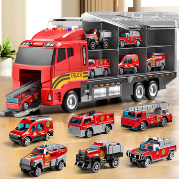 NIPLOOOW Toddler Boys Toys for 3 4 5 6 Years Old, Fire Truck Vehicle Toy Set with Play Mat, Die-Cast Toy Car Carrier Truck for B