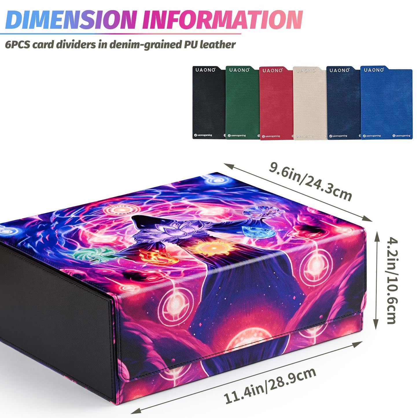 Uaono Card Storage Box For Mtg, Trading Card Deck Box Holds 1800+ With 6 Dividers, Leather Printing Magnetic Closure Card Storage Case Fits Tcg Ccg Sports Cards (Black, Mage)
