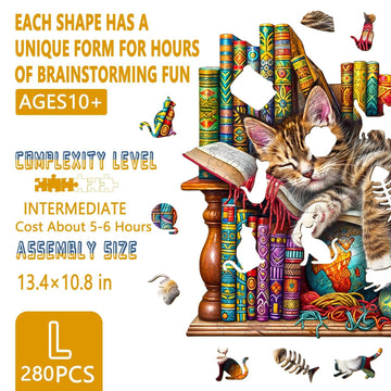 Wooden Puzzles for mature-themeds  Snoozing Cat Wooden Jigsaw Puzzles for mature-themeds  Library Kitten Wood Puzzles mature-themed  Unique Animal Shape  Gift for Cat Lovers & Friends  Home Decor (L -13.4 * 10.8in -280 pcs)