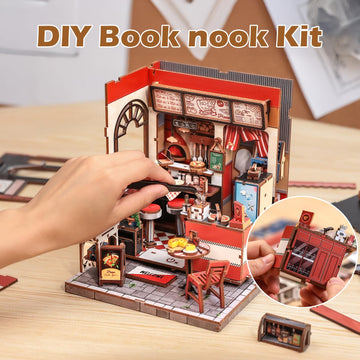 Fsolis Book Nook Kit - DIY Scene Miniature Dollhouse Kit for mature-themeds  Shelf 3D Puzzles 285 pcs  Tiny House Mini Music Shop Model Booknook Craft Bookshelf Decor Gifts for Women (Uncle Joe 's Pizzeria)