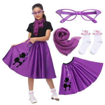 Rabtero Kids Sock Hop Costume, Girls 1950S Dress Costume, 50'S Poodle Skirt With Scarf, Glasses And Socks For Girls 12-14, Large, Purple