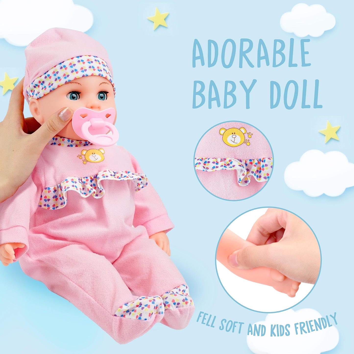 Toy Choi's 16 Inch Interactive Baby Doll - Pink Talking Feeding Doll with Accessories for Toddlers 2+ Years, Model 8099