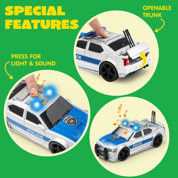 JOYIN 4 Pcs 7'' Long Vehicle Toy Set, Toddlers Cars with Lights and Siren Sound, Including Play Police Car, School Bus, Toy Garb