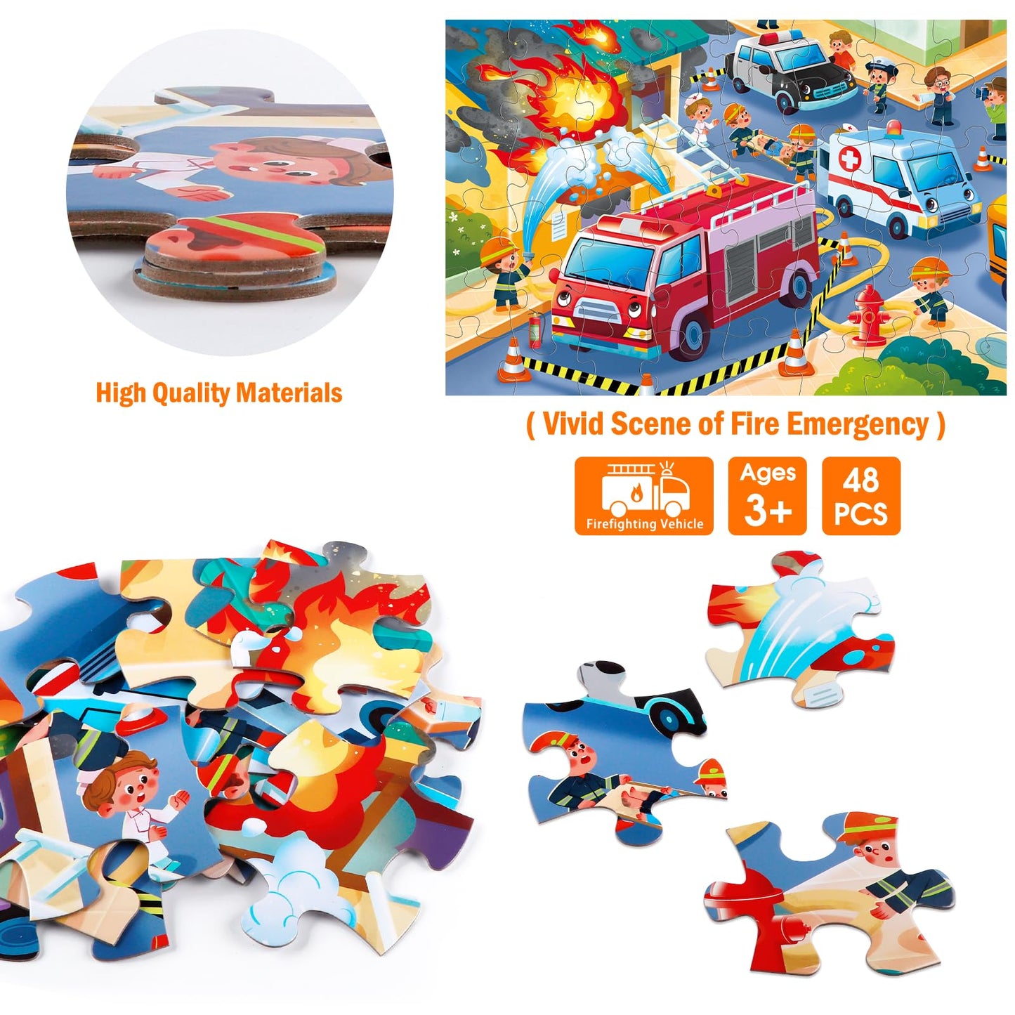 Jumbo Floor Puzzle For Kids,Fire Rescue Jigsaw Large Puzzles,48 Piece Firefighter Fireman Fire Truck Puzzle For Toddler Ages 3-5,Children Learning Preschool Educational Toys,Gift For 4-8 Years Old