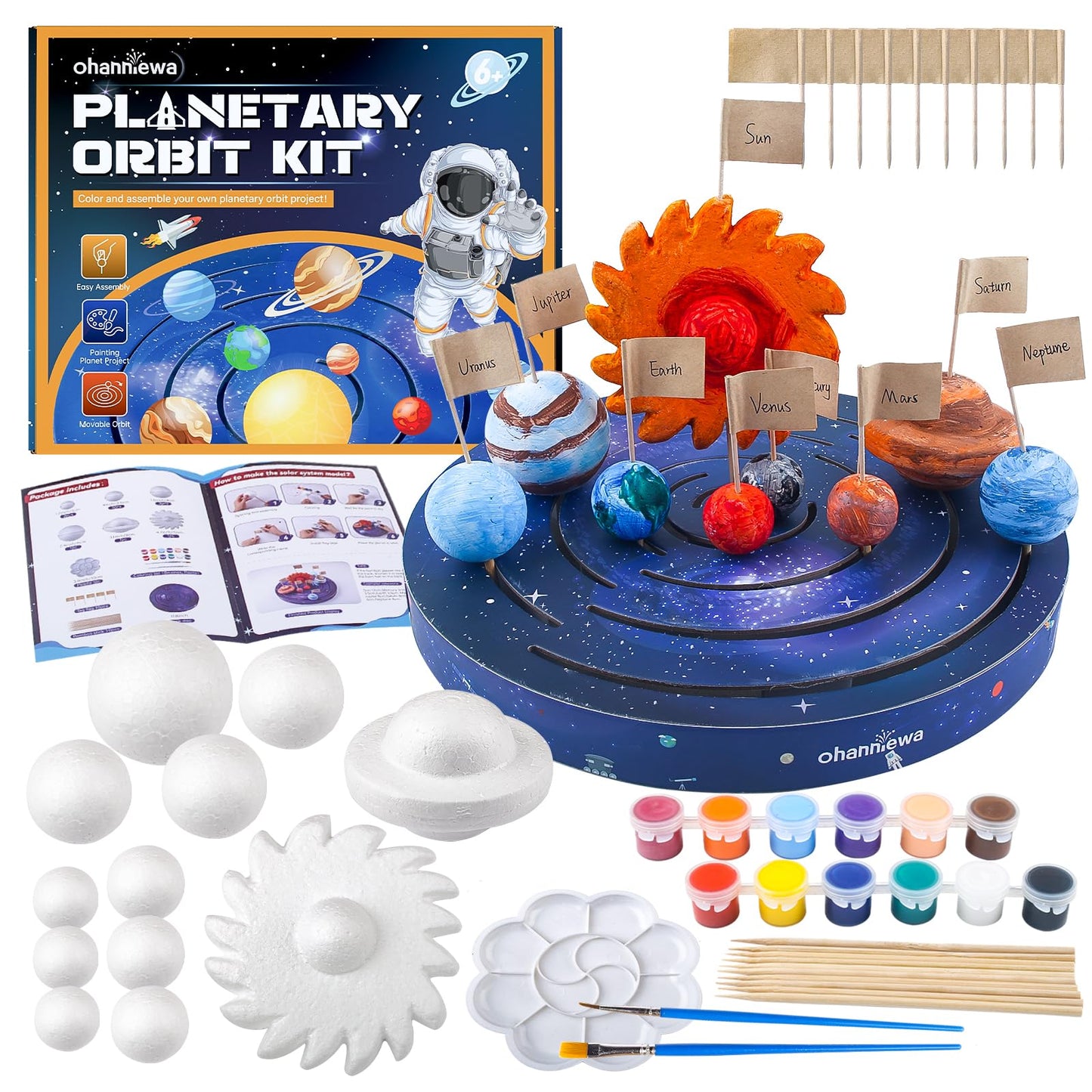 Ohanniewa Solar System Project Kit for Kids, Mixed Sized Foam Balls,Painting Tools and Disc Planetary Orbits,DIY Planets Model f