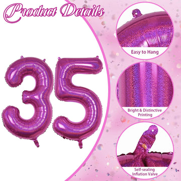 35Th Birthday Balloons For Women, Laser Hot Pink Foil Big Number 35 Balloons Anniversary Decor, Self Inflating Helium Mylar 40 I