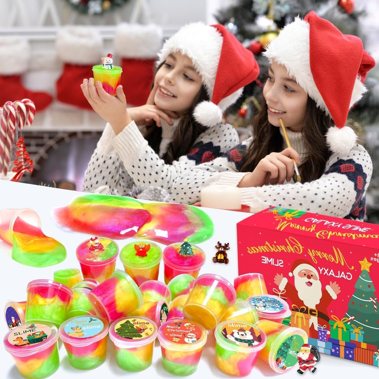 25 Pack Christmas Slime Party Favors For Kids, Galaxy Slime Bulk Diy Stress Relief Putty Toy With A Beautiful Card And Fun Slime