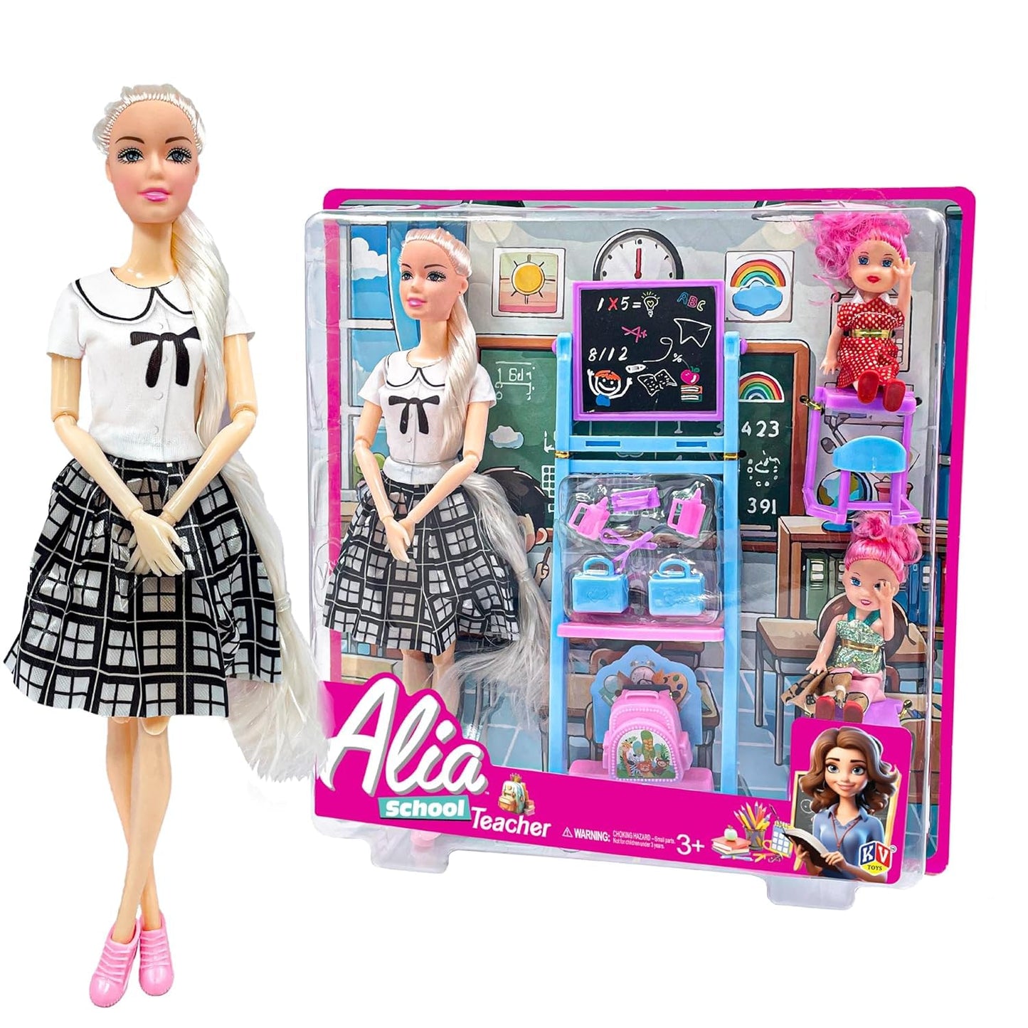 Wiztoy Lyla Alia School Teacher Doll Set - Classroom Role Play Kit With Blackboard, Desks & Students | Educational Doll Toy For 