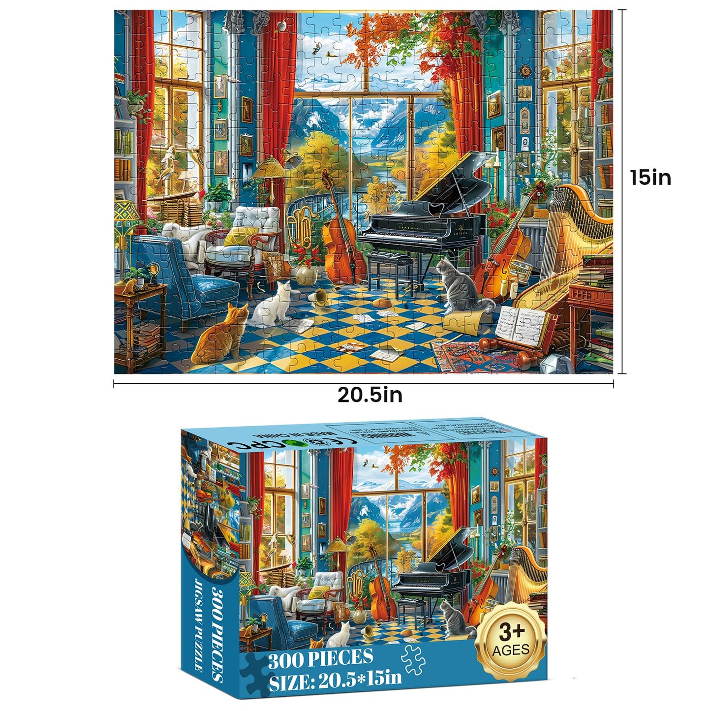 Jigsaw Puzzles 300 Pieces for mature-themeds Room Piano mature-themed Puzzles 300 Piece Puzzles for Kids Ages 8-10 10-12 Recycled Cardboard Puzzle Pieces Family Challenging Game 20.5x15IN