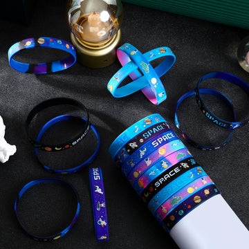Junebrushs 42Pcs Outer Space Party Favors Silicone Bracelets Galaxy Astronaut Stars Space Rubber Wristbands Accessories For Students Space Themed Birthday Party Favors Decorations Supplies(6 Designs)
