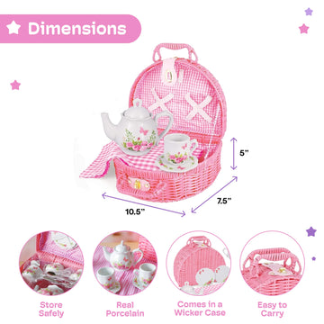 Jewelkeeper Tea Party Set for Little Girls - 18 Piece Toddler Tea Set with Floral Porcelain, Pink Wicker Basket, Utensils for Im
