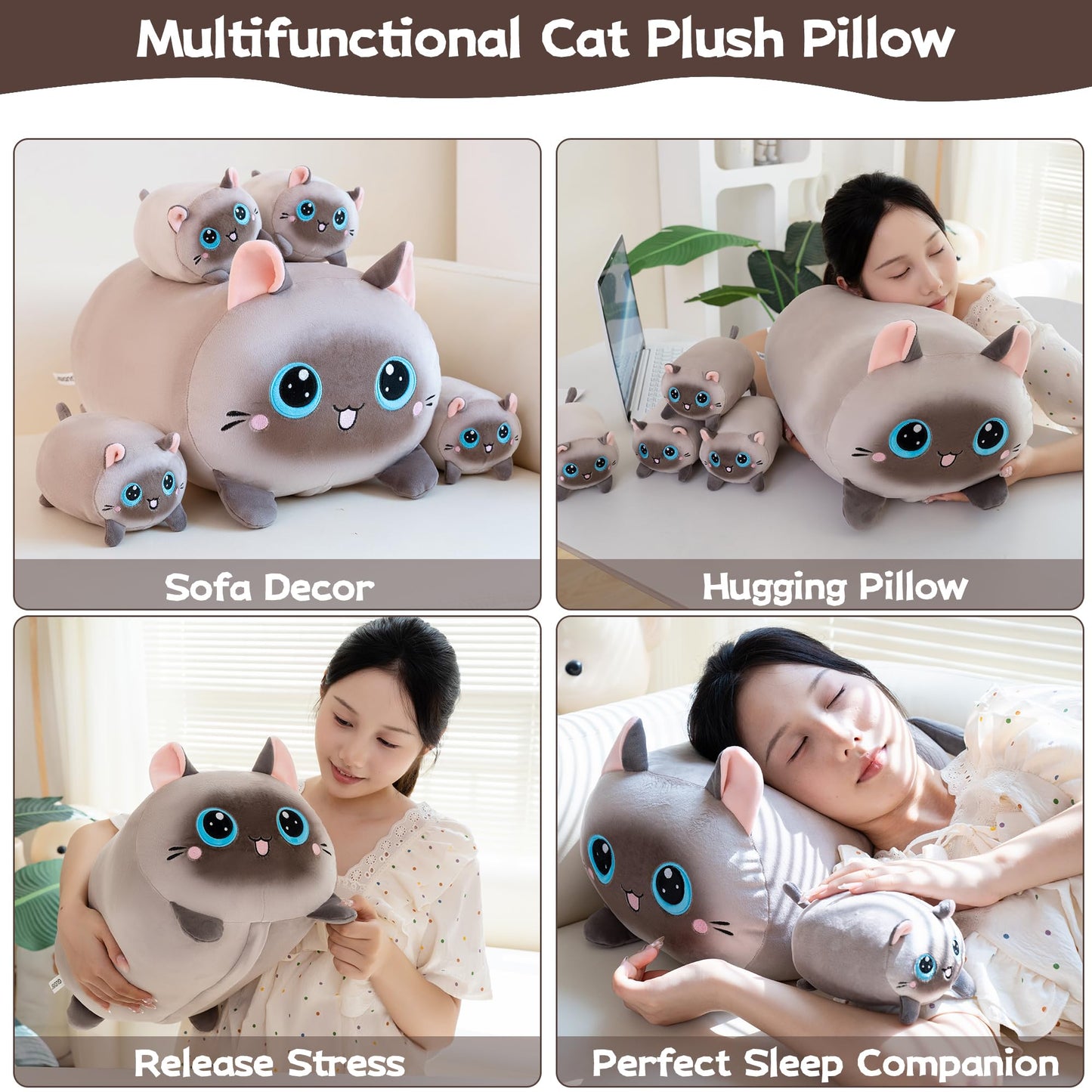 Gudisi Siamese Cat Plush Stuffed Animals - 16" Soft Jumbo Pillow, Grey Cotton, 4 Kitties Plushies, Perfect Gift for Kids and Loved Ones