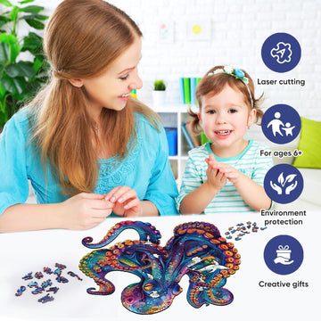 Qiuenisray Wooden Puzzles For Adults,Octopus Wooden Jigsaw Puzzles 200Pcs,11.2X11.2In,Medium,Unique Shape Adult Puzzles,Irregula