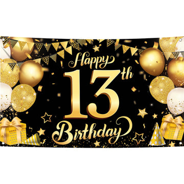 Katchon, Happy 13Th Birthday Banner Black And Gold - Xtralarge, 72X44 Inch | 13Th Happy Birthday Backdrop, Happy 13Th Birthday Banner | 13Th Birthday Decorations For Boys | 13 Birthday Decorations