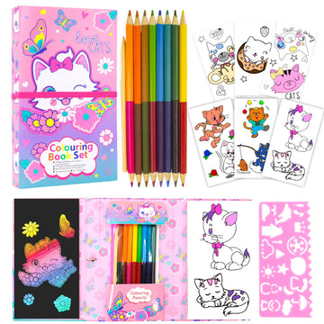 Cat Coloring Book Set With Coloring Pages & Colored Pencils, Art Supplies For Kids Ages 4-6-8, Arts Crafts Travel Coloring Kit For Girls 4 5 6 7 8 Year Old Birthday Gift