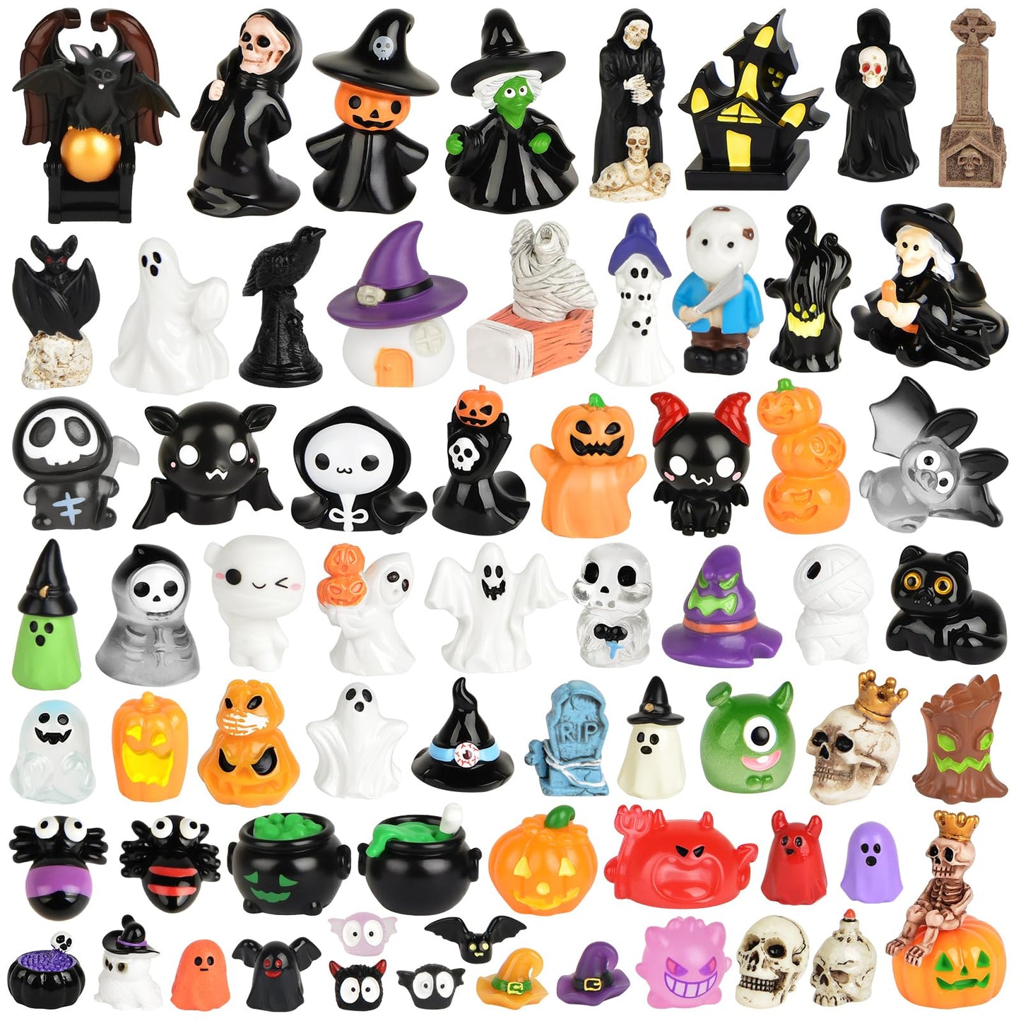 PLULON 68Pcs Halloween Miniatures Figurines  Mini Resin Figures Tiny Small Ghost Skull Pumpkin Ornaments for Crafts Fairy Garden Dollhouse Party Decor Village Accessories Bag Fillers