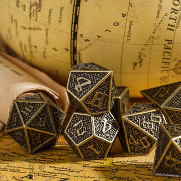 UDIXI Metal Dice Maze Carved DND Dice Set D&D 7PCS Bronze Role Playing Dice with Leather Pouch for Dungeons and Dragons Tabletop