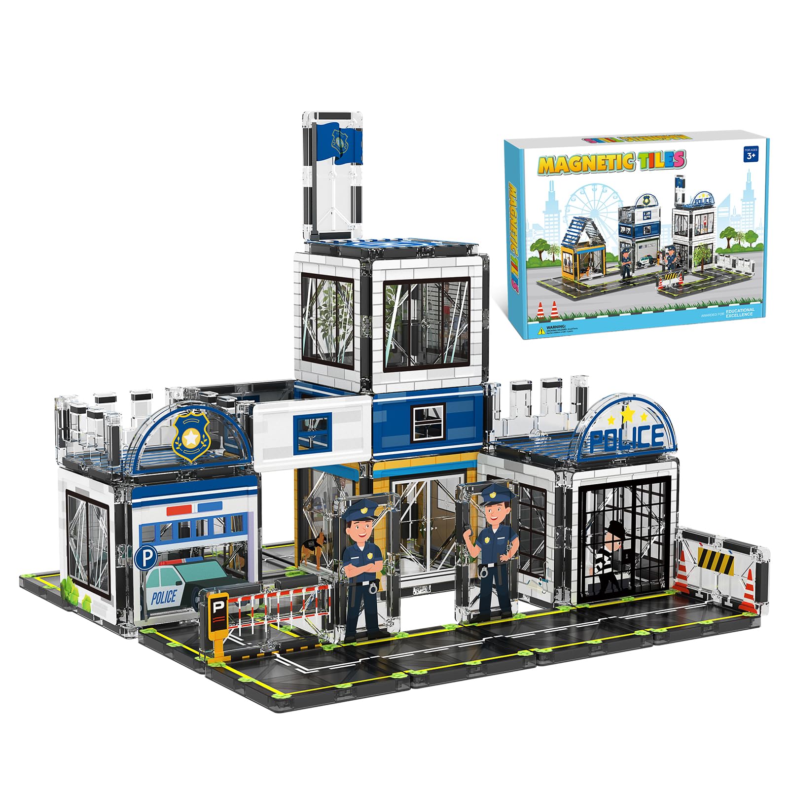 AFUNX Magnetic Tiles, 50PCS Police Station Theme Building Blocks Set, Magnet Building Blocks and STEM Preschool Toys for Toddler