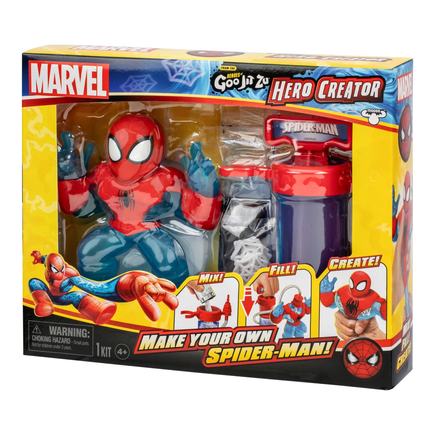 Heroes of Goo Jit Zu Marvel Hero Creator Spider-Man with 3 Unique Goo Fillings, Mix, Fill & Create Your Own Stretchy Spider-Man