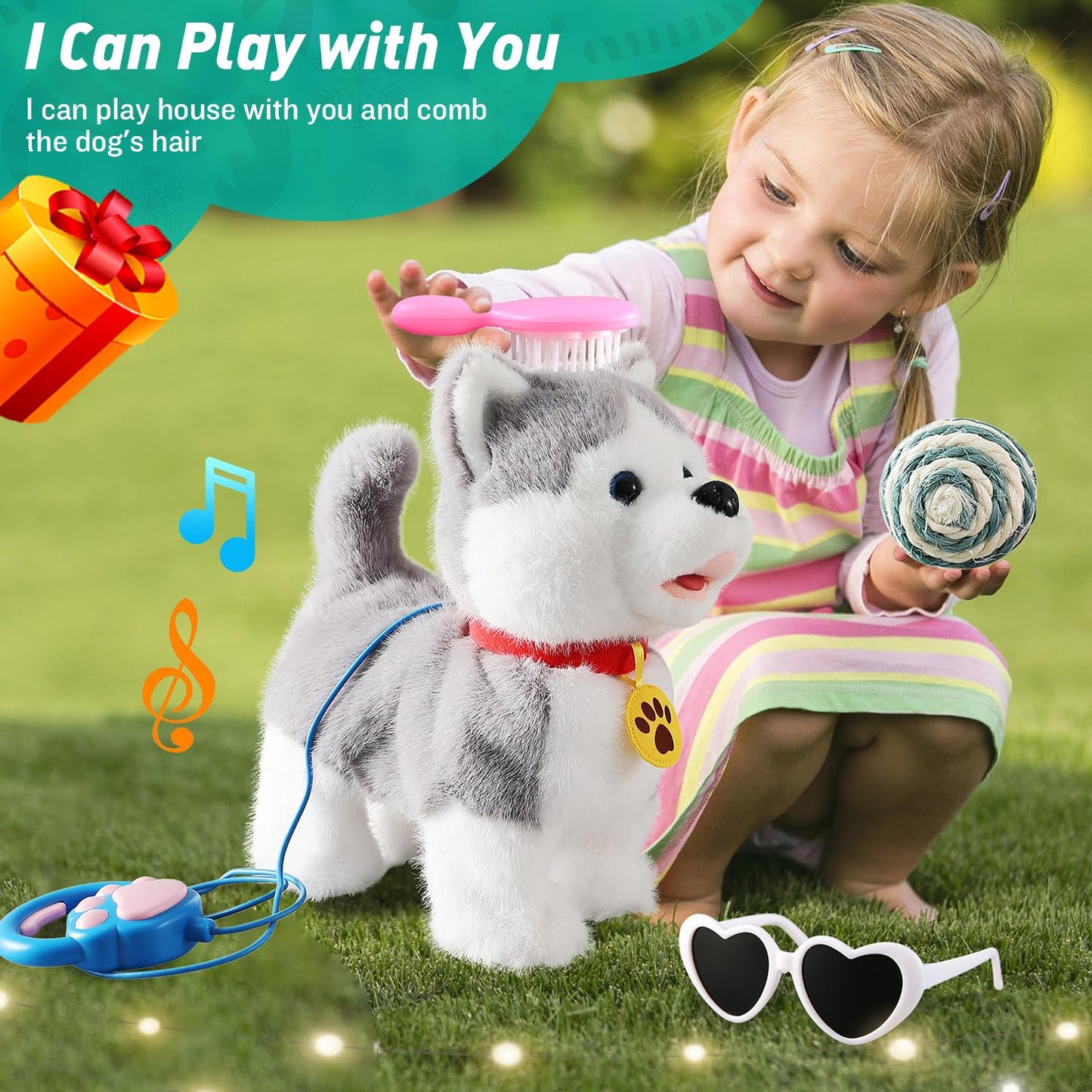 Walking Barking Singing Husky Puppy Toy, Repeats What You Say, Realistic Licking Tongue Wagging Tail Mechanical Dog With Electronic Touch Or Handle Control, Interactive Musical Plush Pet For Kids