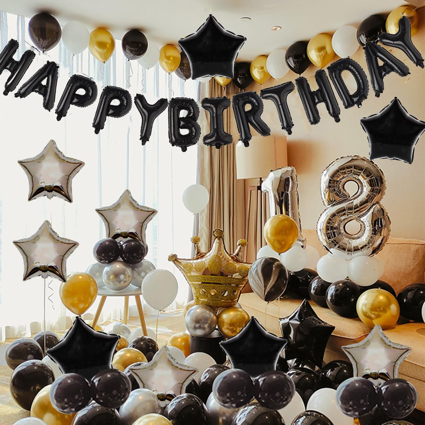 Big Black Happy Birthday Banner (3D Silvler) Mylar Foil Happy Birthday Balloons, 27Pcs Birthday Party Decorations With 10Pcs Ext