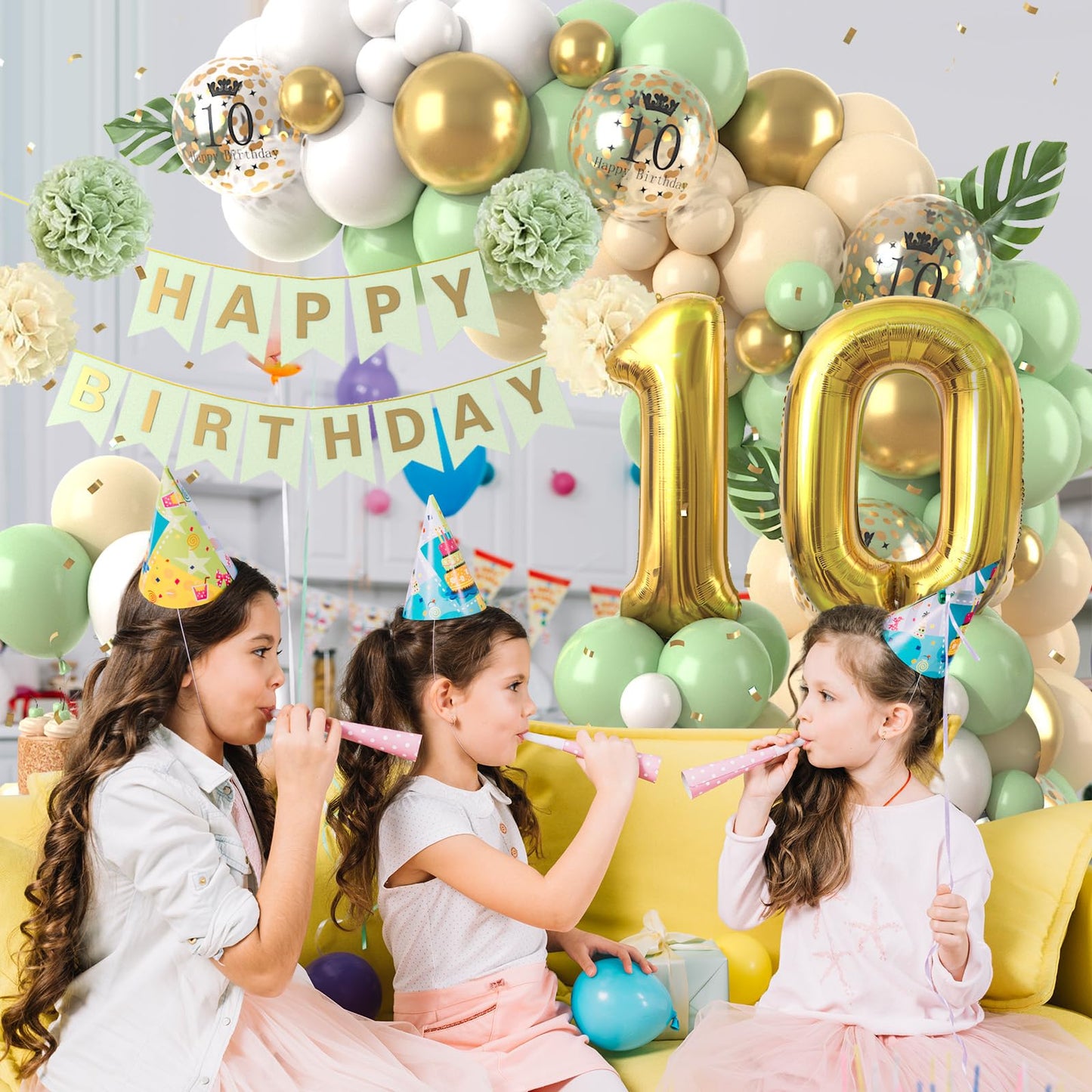 10Th Birthday Decorations Sage Green,10Th Birthday Balloon Garland Party Decorations With Number 10 Foil Balloons,Happy Birthday