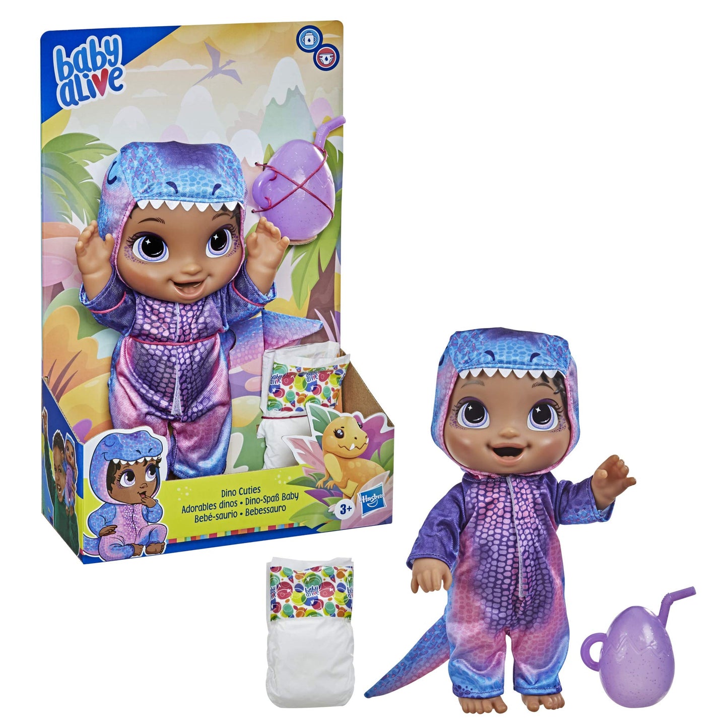 Baby Alive Dino Cuties Doll, Tyrannosaurus, Doll Accessories, Drinks, Wets, T-Rex Dinosaur Toy For Kids Ages 3 Years And Up, Black Hair