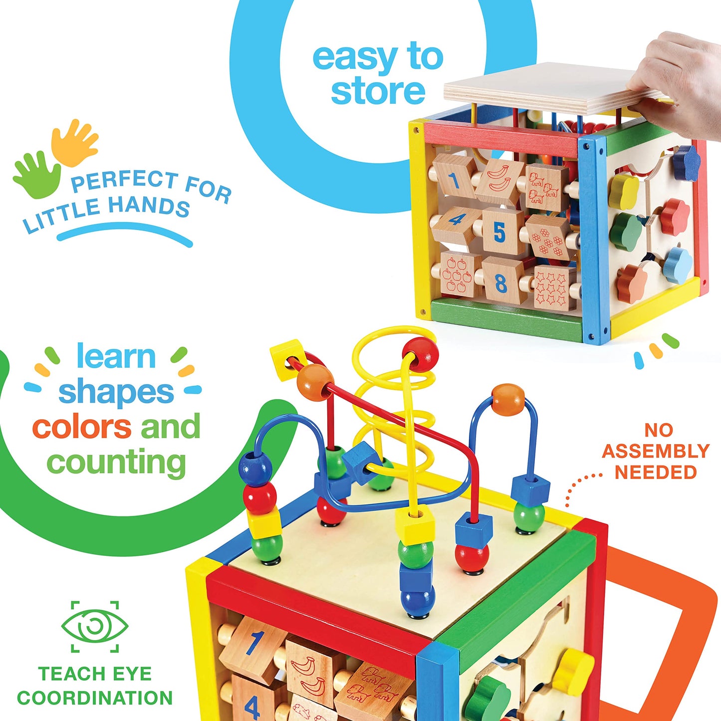 Play22 Wooden Activity Play Cube 6-in-1 for Baby, Removable Bead Maze, Shape Sorter, Abacus, Stacking Cups, Multicolor, Model 6013