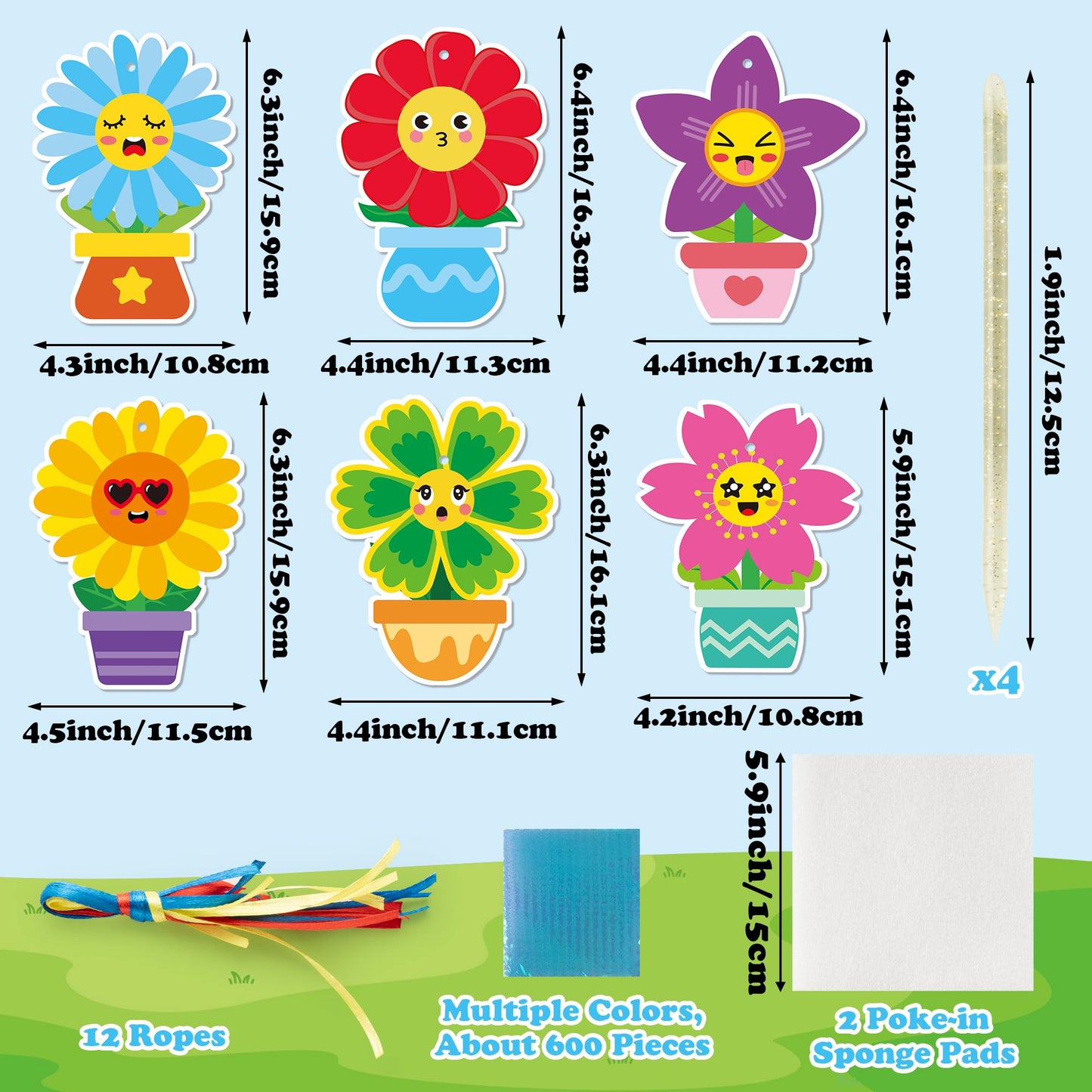 3sscha 12 Packs Spring Flower Poking Craft Kit - Mothers Day Creative DIY Foam Flower Pot Poke Fabric Art Set Make Your Own Car