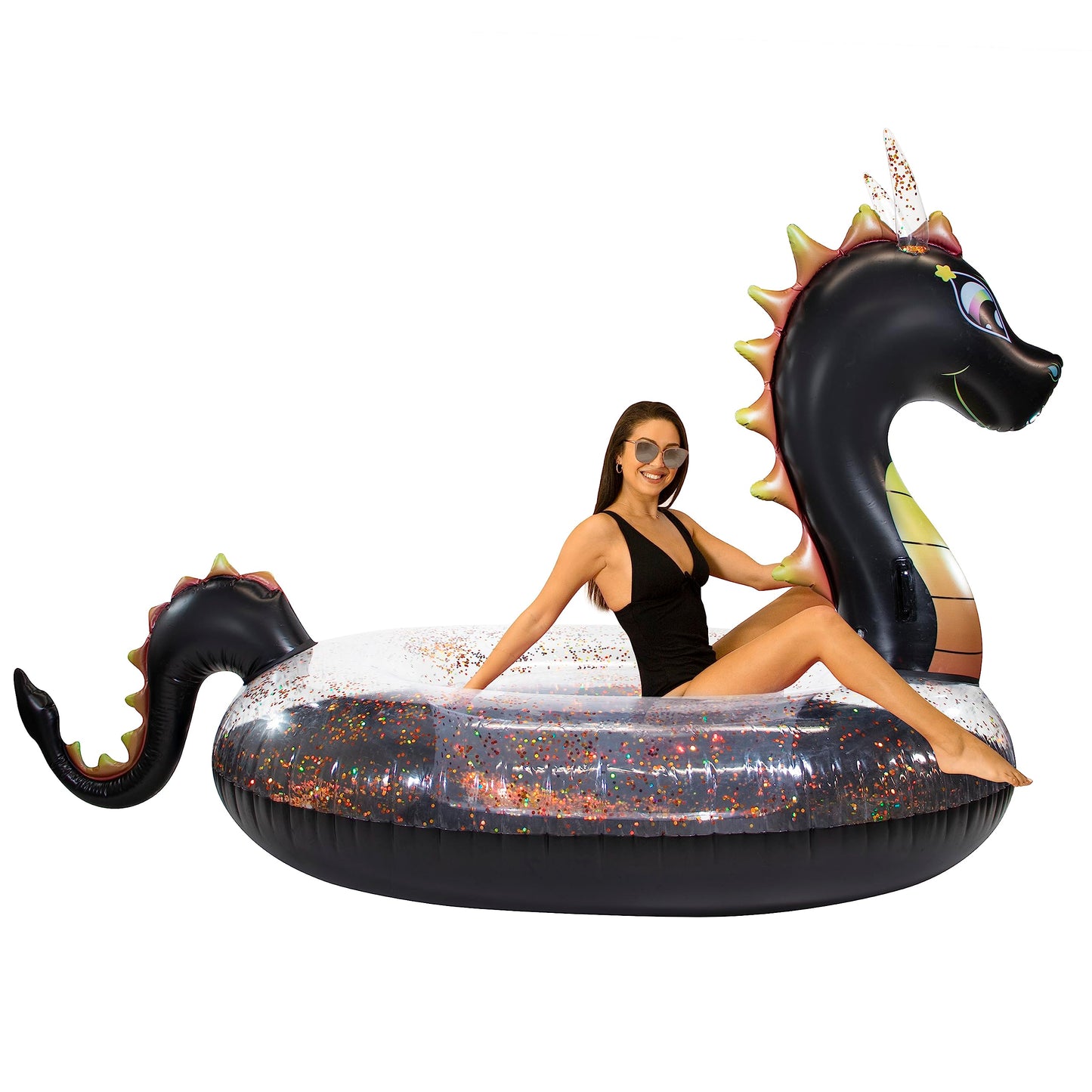 Poolcandy Gigantic Inflatable 2 to 3 Person Pool  Beach  and Lake Swim rafts (Gigantic 2 to 3 Person Black Glitter Sea Dragon)