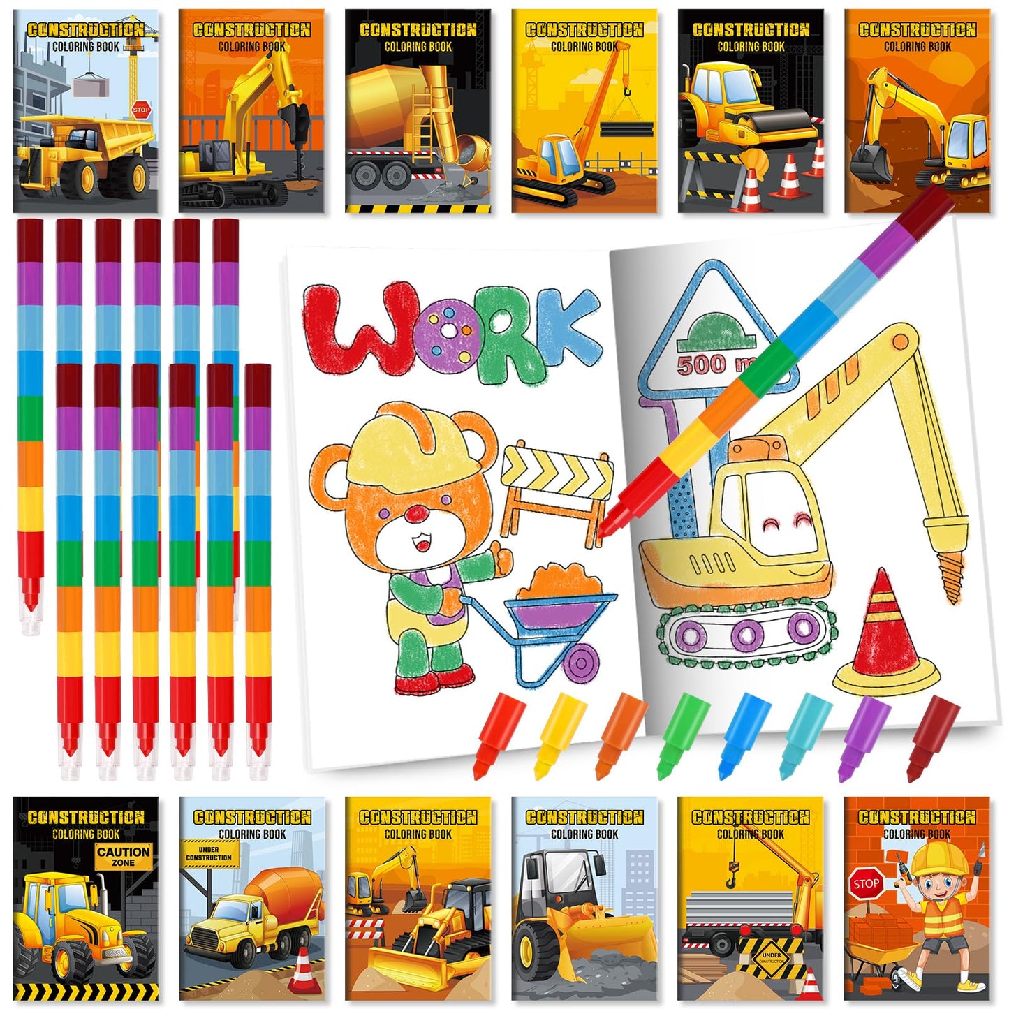 BenLouis 24 Construction Mini Coloring Books Kids with 24 Stacking Crayons Excavator Theme Party Favors Activity Books Bulk for 