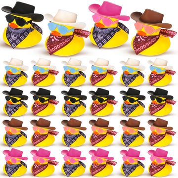 Hanaive 24 Sets Disco Cowboy Rubber Duck With Light Up Mini Holographic Space Hat Scarf Sunglasses Cute Bath Rubber Duck Bathtub