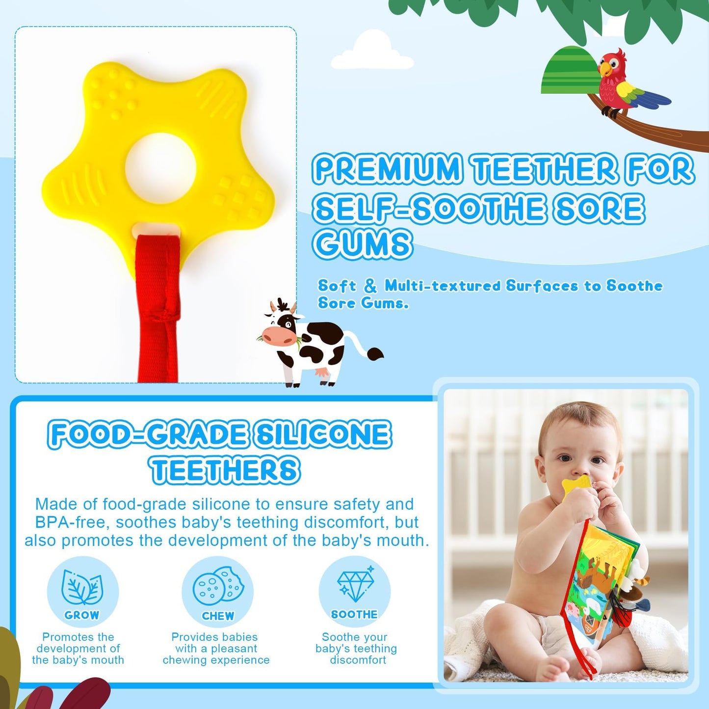 BBWOO Baby Books 0-6 Months - Baby Boys Girls Shower Gifts - Tummy Time Baby Toys 0-6 6-12 Months - Crinkle Cloth Book - Infant Toys - Newborn Books - Touch and Feel Baby Books - Soft Stroller Toys