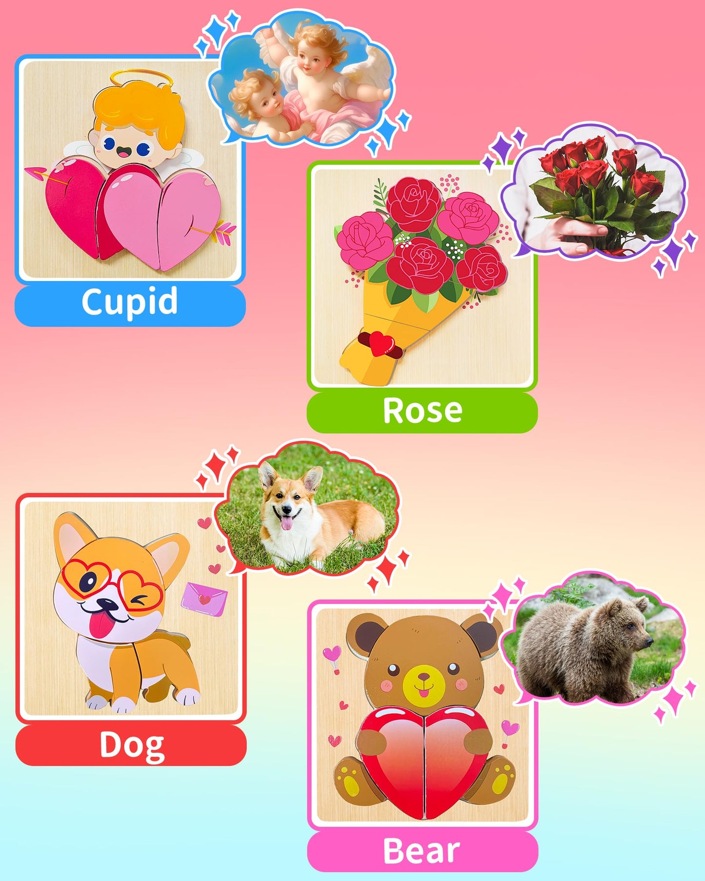 Oomloid Toddler Valentines Wooden Puzzles Gifts For Kids, 4 Pack Valentines Day Toys Valentines Gifts For Kids Classroom, Valent