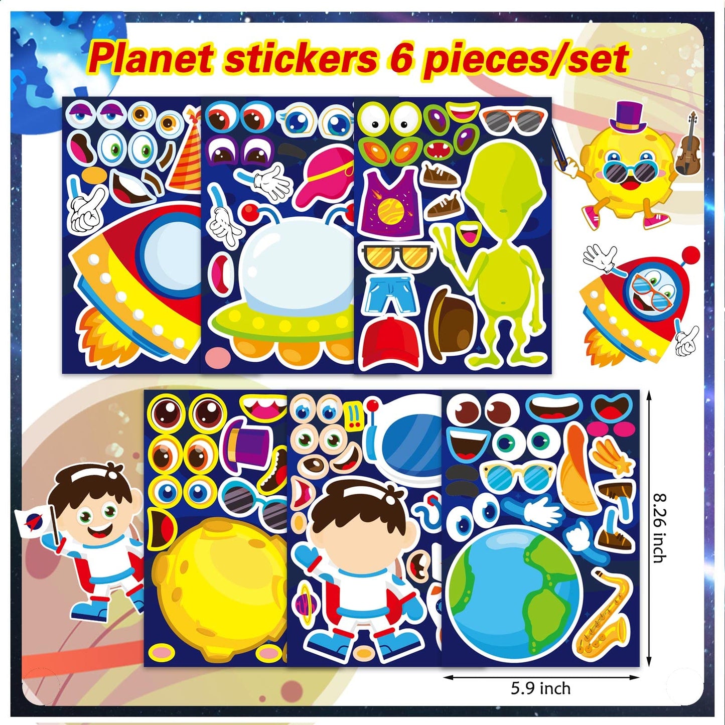 24 Sheets Space Stickers For Kids Make Your Own Astronaut Stickers, Make A Face Planet Stickers Mix Of Alien, Rocket, Ship And M