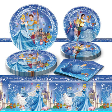 41Pack Cinderella Party Supplies include 710Pcs and 9 10Pcs plates, 20 napkins Tablecloth for Cinderella birthday party decorati