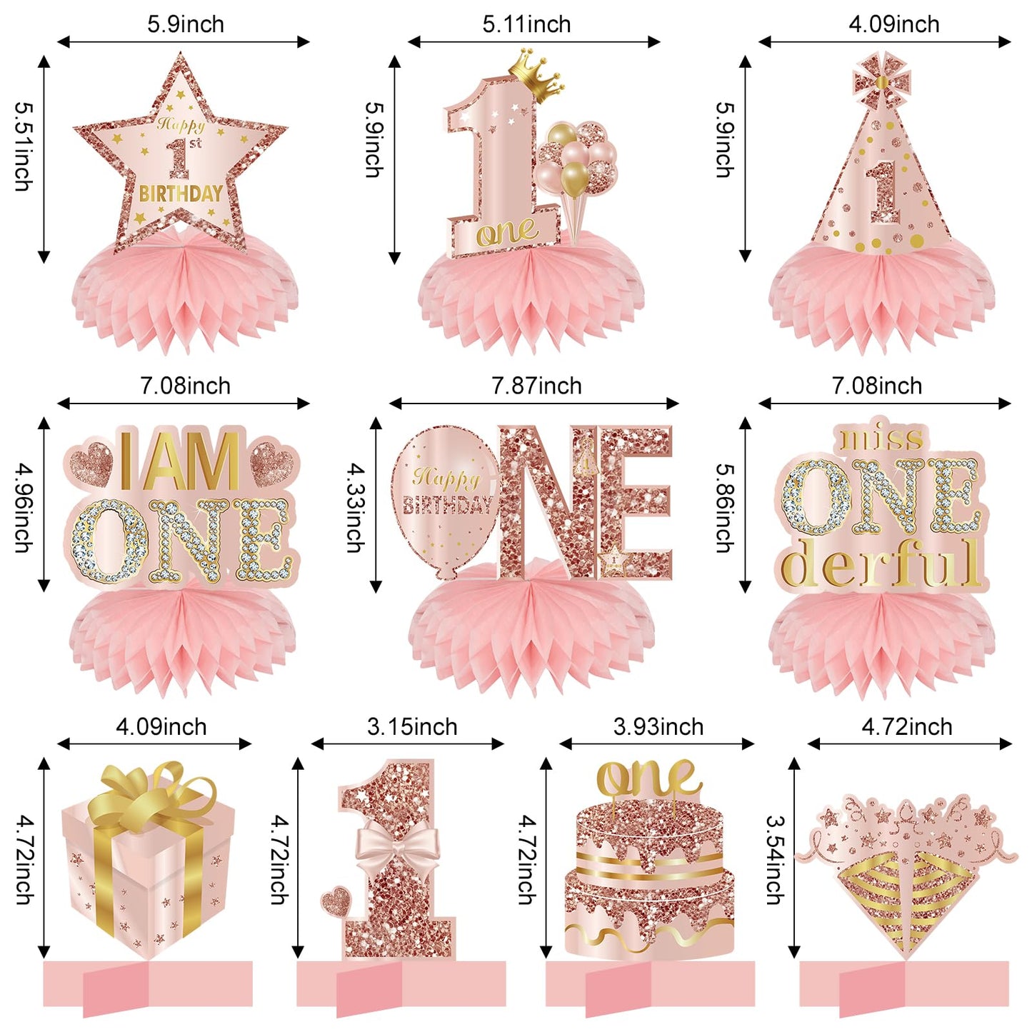 Turypaty 10Pcs 1St Birthday Decorations Honeycomb Centerpieces For Baby Girls, Pink Rose Gold Miss Onederful First Birthday Tabl