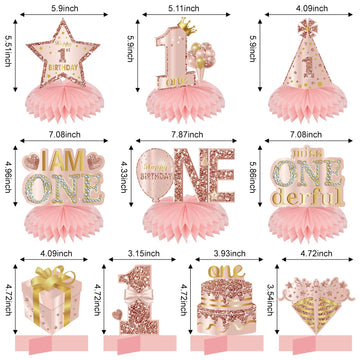 Turypaty 10Pcs 1St Birthday Decorations Honeycomb Centerpieces For Baby Girls, Pink Rose Gold Miss Onederful First Birthday Tabl