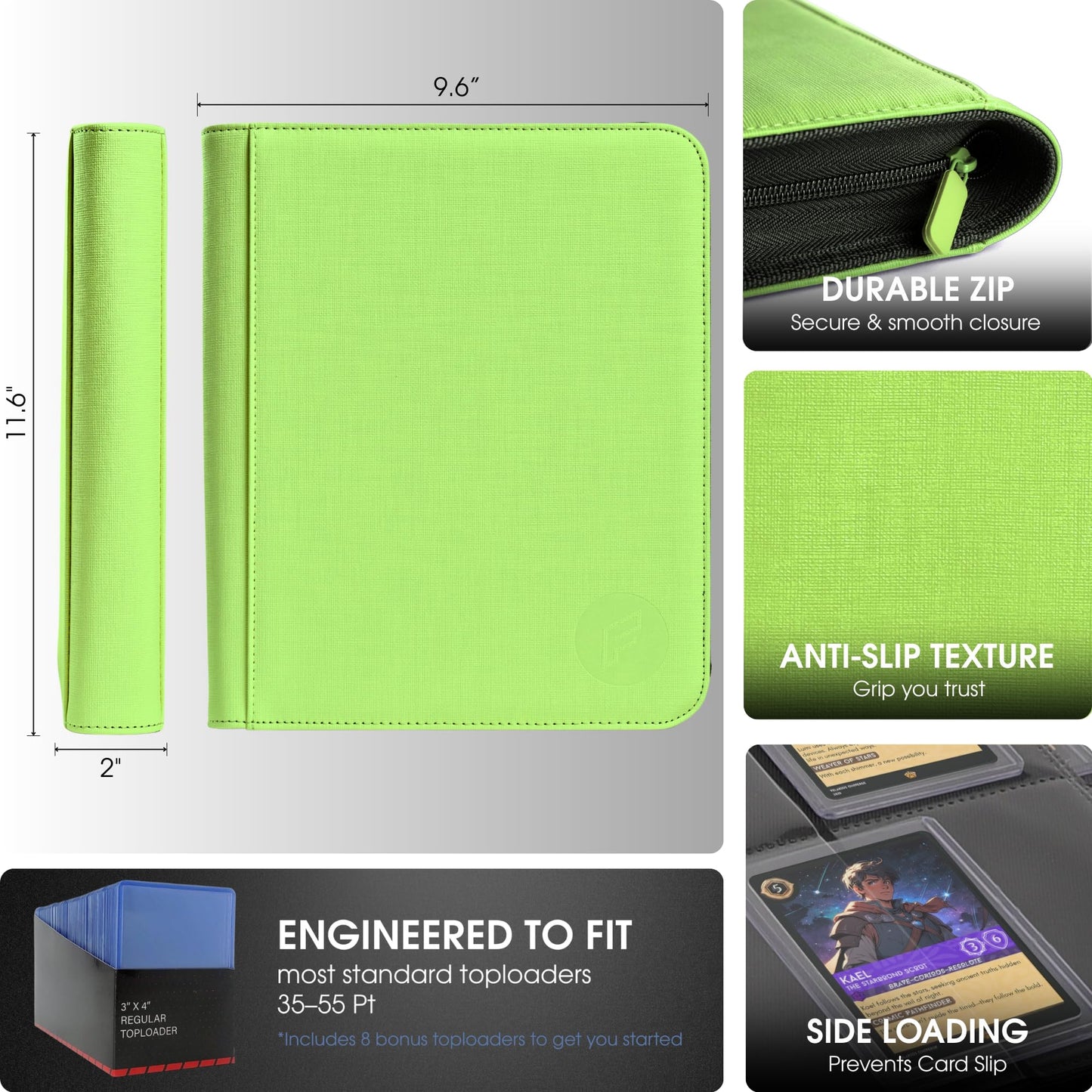 FORZAROCKET 4-Pocket Small Binder for Toploaders - Holds 112 Top Loaders  Ringless  Waterproof PU Leather  for Sports & Trading Cards (Lime Green)